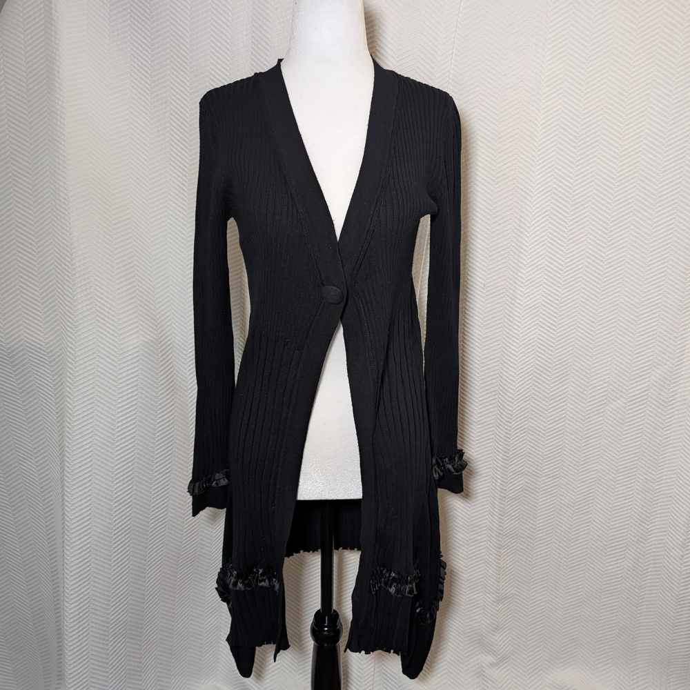 Black Long Cardigan Ruffle Trim Duster Ribbed Knit Size Small Whimsigoth Y2K